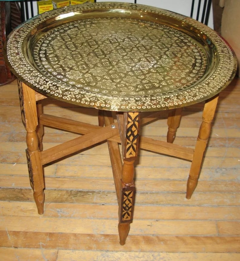 Moroccan Handmade Traditional Tray Top Round Carved Wood image 4