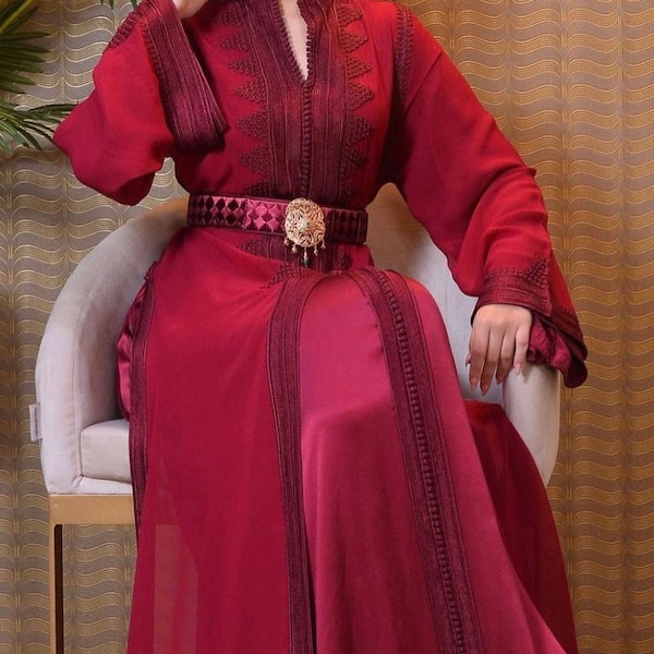 Moroccan Luxury Burgundy Caftan, Opulent Moroccan Dress , Muslim Gown, Burgundy Abaya Kaftanلباس مغربي
