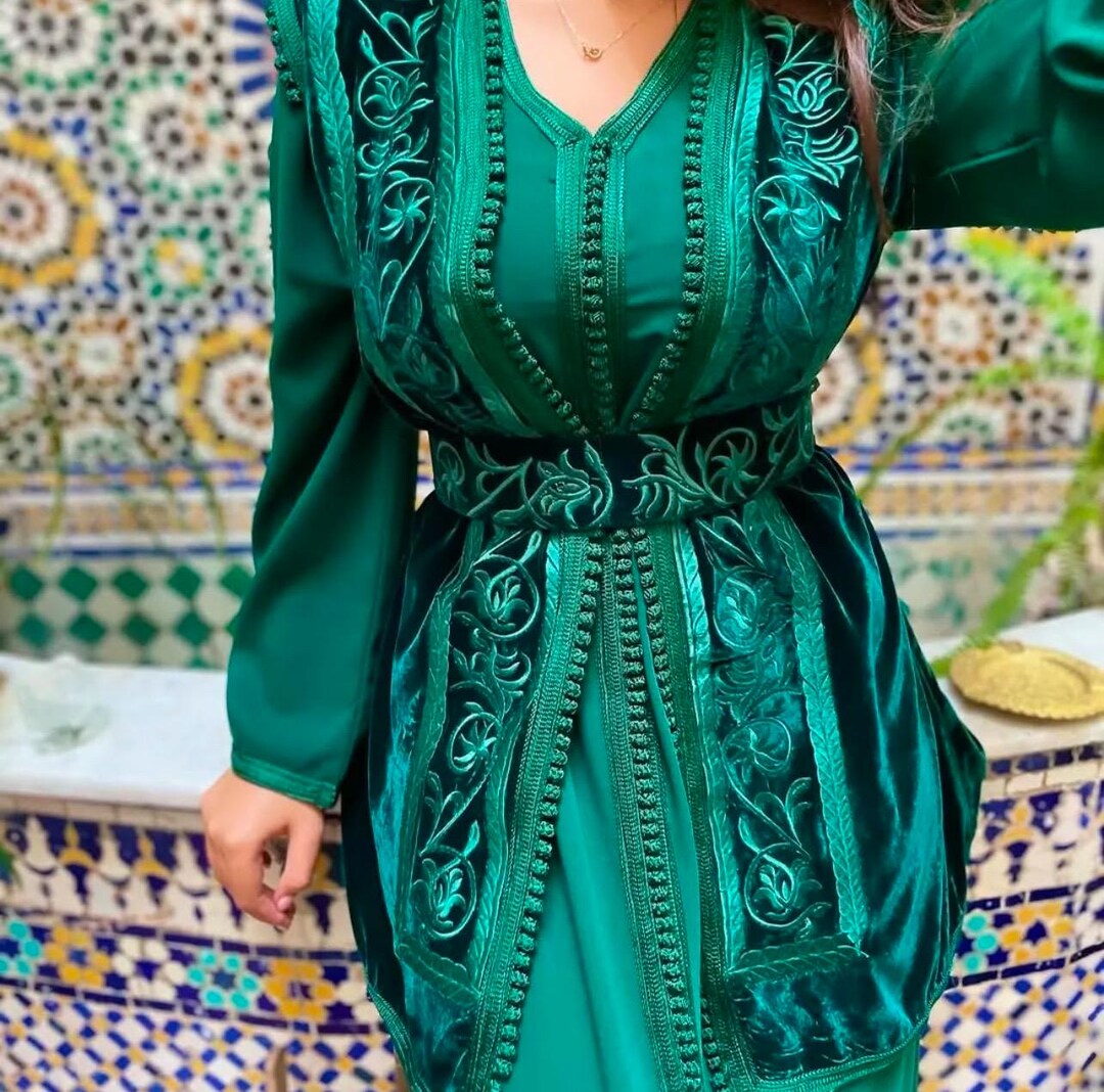 Luxury Handmade Green Velvet Caftan, Embroidered Moroccan Dress Kaftan ...