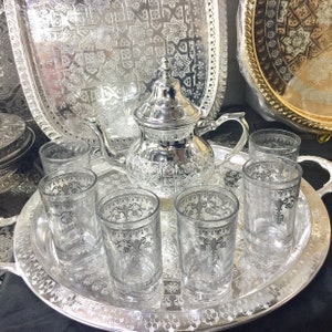 Moroccan Handmade Tea Set, 6 Cups Tea Glasses, Teapot , Tea Tray 15’’