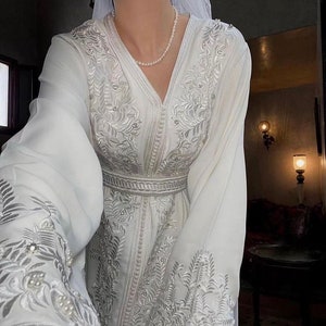 Moroccan White Caftan, White Luxury Embroidered Wedding Dress - Bridal Gown with Intricate Details, Romantic Elegance, Handcrafted Beauty,