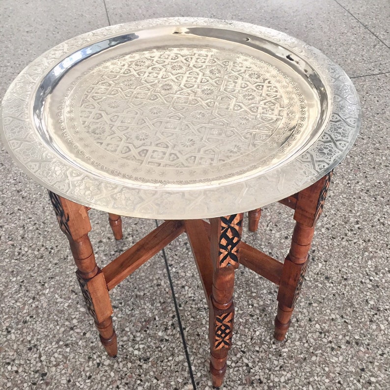 Moroccan Handmade Traditional Tray Top Round Carved Wood image 1