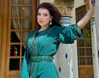 green prom dress ideas Green Beige Karima Kaftan Caftan-Moroccan Kaftan L main image 1