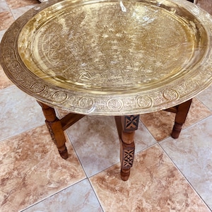 Home furnishings,Home Decor, Console Table, Vintage Rare Moroccan Handmade Brass Tray Table With Handmade Wood Base, Accent Table 27’’