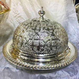 Bandeja para servir comida marroquí de 14'', hecha a mano, bañada en plata, con cubierta y bandeja, cubertería artesanal para bodas, festividades y regalos para ella.
