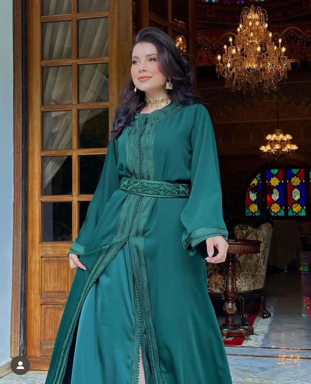 emerald green kaftan dress Kaftan Dress - Resort & Formal Wear - 2-Piece White Geometric Embroidery Belted - Sheer Chiffon - US 8