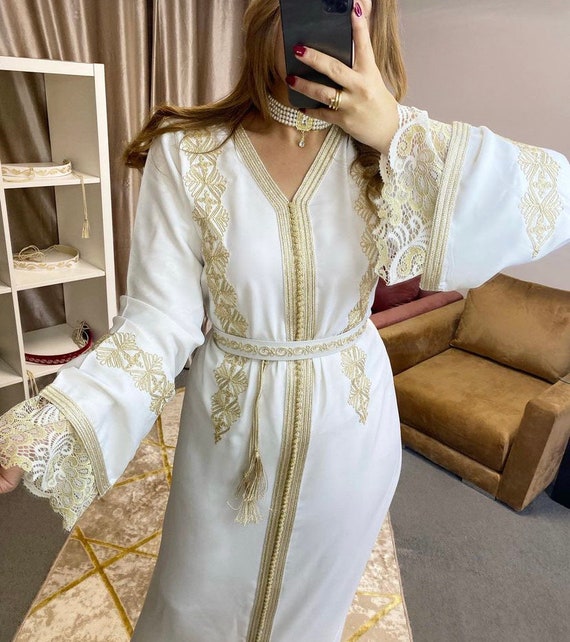 white embroidered kaftan dress Kaftan Dress - Resort & Formal Wear - 2-Piece White Geometric Embroidery Belted - Sheer Chiffon - US 10 main image 1