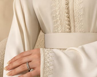 Marokkaanse bruidskaftan, Nikkah-jurk, geborduurde ivoren kaftan voor Arabische bruid, bruiloft, Eid en speciale gelegenheden, bruidsabaya