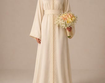Ivory Moroccan Bridal Kaftan, Modest Wedding Dress with Embroidery, Cream Caftan Gown for Nikkah, Henna, Engagement or Eid
