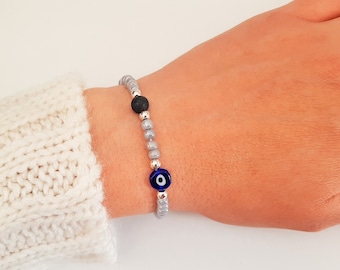 Lava Stone Bracelet - Blue Evil Eye bracelet - Greek jewelry - Nazar boncuk - Talisman - Macrame - Oil Diffuser Bracelet - Protection - Gift