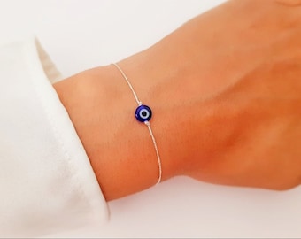 Silver String Evil Eye Bracelet - Elegant - Greek jewelry - Nazar Boncuk - Macrame - Dainty - Silver String Eye Bracelet - Tiny Eye - Amulet