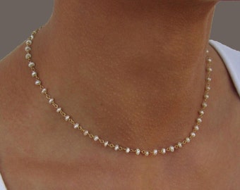 Freshwater Pearl Necklace, Tiny Pearl Chain Necklace, Rosary Style Necklace, Wedding Pearl Rosary Chain Necklace, Small Pearl Necklace