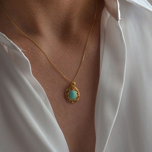 Greek Key Necklace with Turquoise Gemstone, Gold Turquoise Necklace, Dainty Gold Greek Pendant, Jewelry from Greece, Gold Meander Necklace