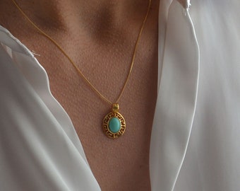 Greek Key Necklace with Turquoise Gemstone, Gold Turquoise Necklace, Dainty Gold Greek Pendant, Jewelry from Greece, Gold Meander Necklace