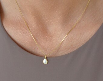 Gold Perlenkette, Teardrop Halskette, gerahmte Perle, Pearl Drop Halskette, 14k Gold Perlenkette, Jubiläumsgeschenk, Minimalist Halskette