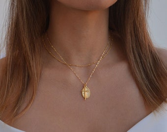 Virgin Mary Charm with Cross Necklace, Dainty Gold Necklace, Miraculous Medal with Cross, Mother Mary with Cross Necklace, Catholic Jewelry