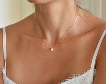 Enkele parelketting 14K goud, bruidsmeisje parelketting bruiloft, sierlijke gouden ketting, bruidsmeisje cadeau, minimalistische ketting cadeau voor haar