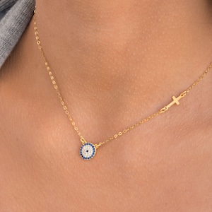 Gold Evil Eye Necklace, Cross Jewelry, 14k Gold Necklace Dainty, Eye and Cross Necklace, Best Friend Necklace, Dainty Eye Cross Necklace 14k Gold Filled