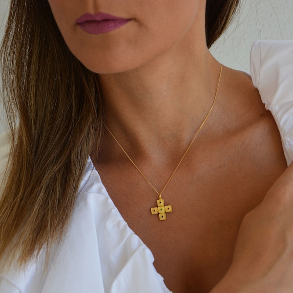 Greek Style Cross Necklace, Gold Cross Necklace, Byzantine Cross Necklace, Cross Charm Necklace, Jewelry from Greece, Dainty Gold Necklace