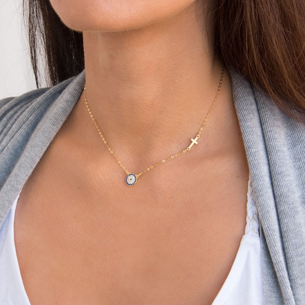 Gold Evil Eye Necklace, Cross Jewelry, 14k Gold Necklace Dainty, Eye and Cross Necklace, Best Friend Necklace, Dainty Eye Cross Necklace