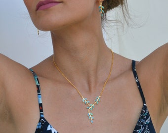 Olijftak ketting | Blauwe opaal ketting | Athena godin ketting | Griekse bladketting | Echte Opaal