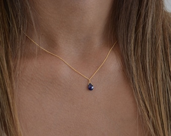 Saffier ketting goud, sierlijke gouden ketting voor vrouwen, september Birthstone maand ketting, alledaagse ketting, ruwe saffier edelsteen