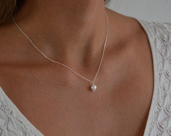 Perlenkette aus Sterlingsilber, weiße Perlenkette für Frauen, Brautjungfer Geschenk, Geburtstagsgeschenk, zierliche Silberkette, Halskette für jeden Tag