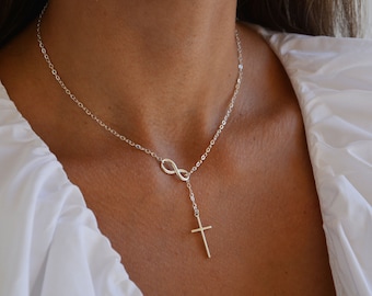 Infinity Cross Necklace Women, Silver Cross Infinity Necklace, Silver Infinity Necklace with Cross, Cute Cross Necklace with Infinity Charm