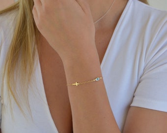 Evil Eye Bracelet with Cross, Baptism Gift, Delicate Eye Cross Bracelet, Greek Eye Bracelet Gold 9K, Christening Gift, Eye Cross Bracelet