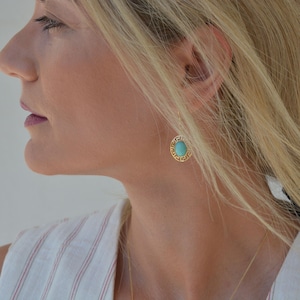 Greek Earrings in 14k Gold, Greek Key Earrings with Turquoise Gemstone, Turquoise Earrrings, Meander Earrings, Jewelry from Greeece
