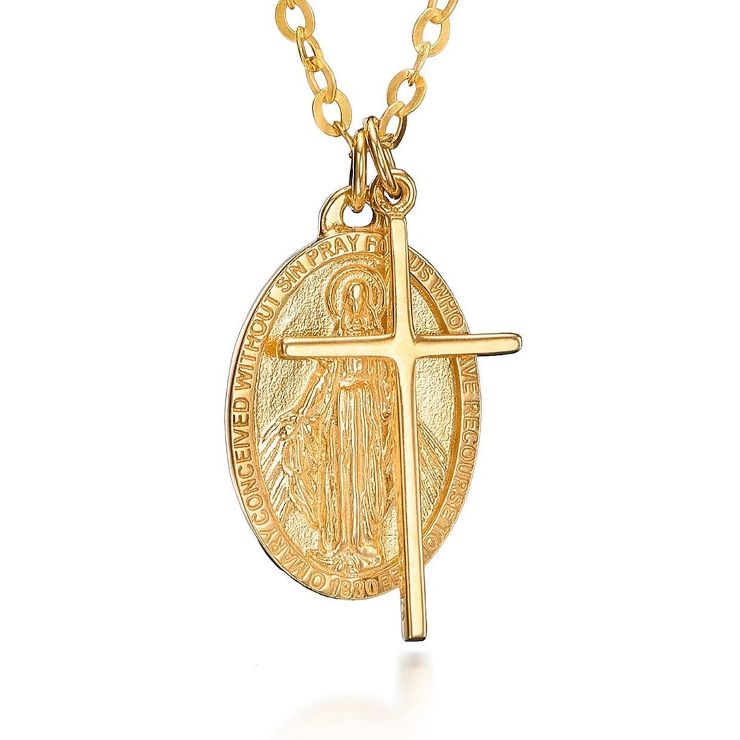 Virgin Mary Charm With Cross Necklace Dainty Gold Necklace Etsy