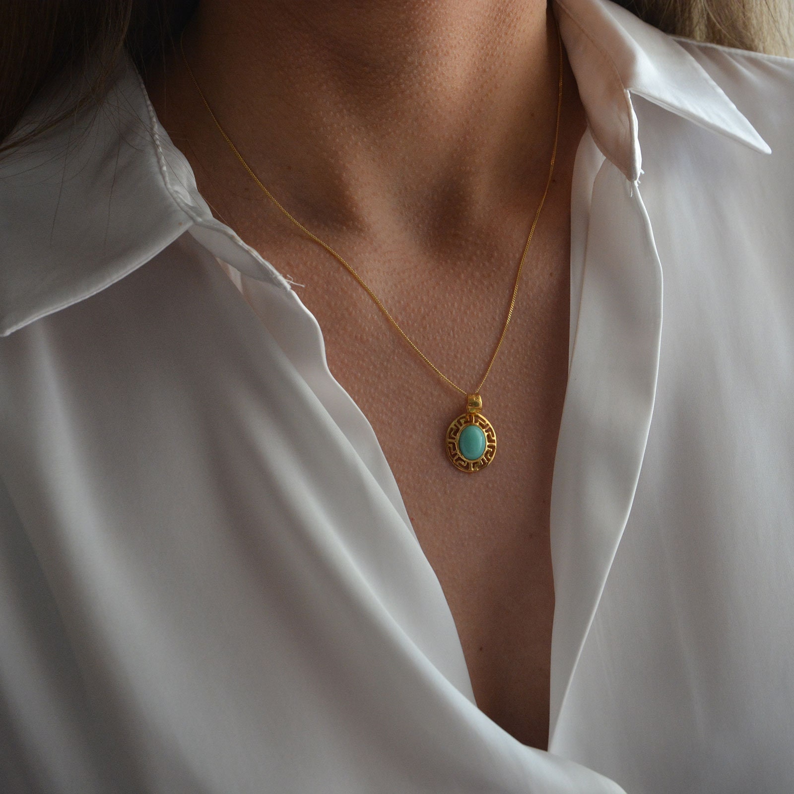 Greek Key Necklace With Turquoise Gemstone Gold Turquoise