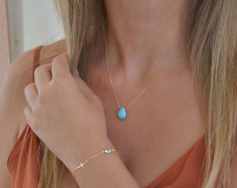 Turquoise Necklace Sterling Silver, Bridesmaid Necklace, Dainty Gold Necklace, Everyday Necklace for Women, Wedding Gift, Turquoise Jewelry