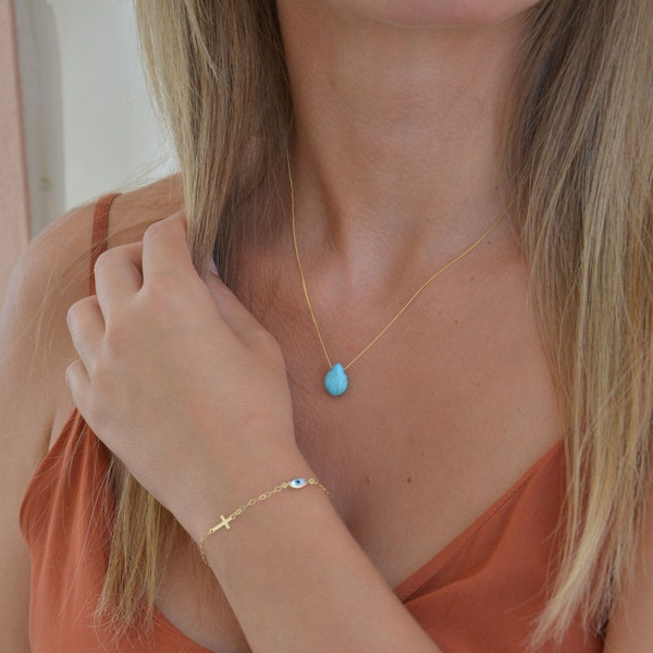 Turquoise Necklace Sterling Silver, Bridesmaid Necklace, Dainty Gold Necklace, Everyday Necklace for Women, Wedding Gift, Turquoise Jewelry