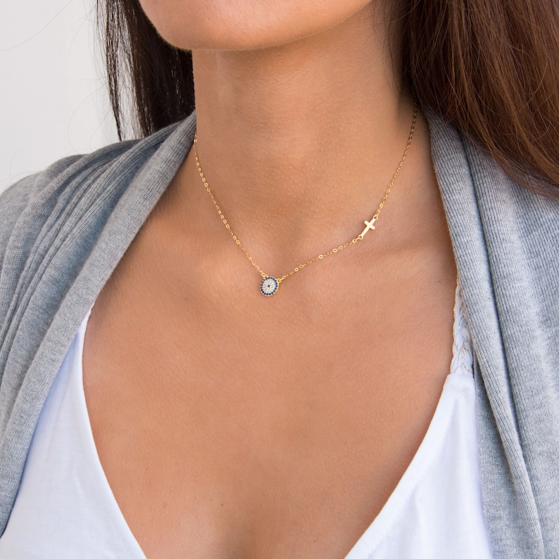 Gold Evil Eye Necklace, Cross Jewelry, 14k Gold Necklace Dainty, Eye and Cross Necklace, Best Friend Necklace, Dainty Eye Cross Necklace image 1