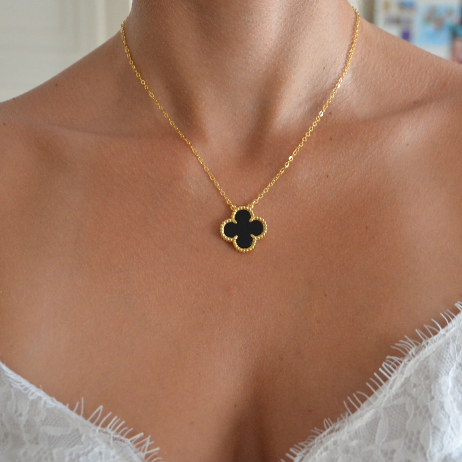 Black clover necklace four leaf clover necklace delicate etsy