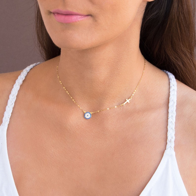 Gold Evil Eye Necklace, Cross Jewelry, 14k Gold Necklace Dainty, Eye and Cross Necklace, Best Friend Necklace, Dainty Eye Cross Necklace image 3