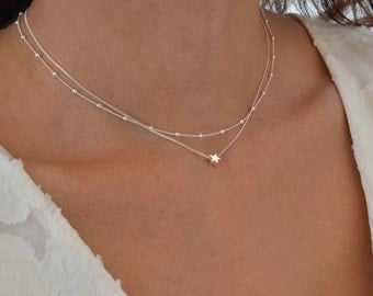 Collier satellite étoile argenté, collier chaîne satellite, ensemble de colliers superposés en argent, collier étoile argentée, chaîne de perles satellite