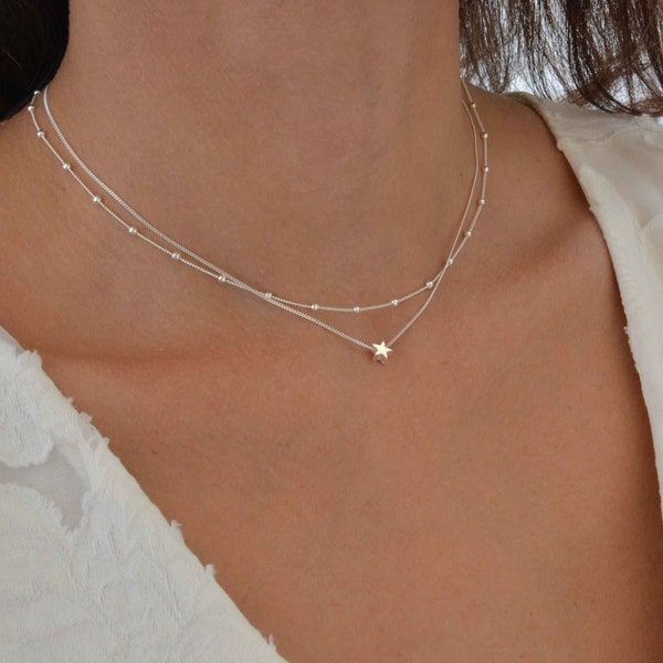 Silver Star Satellite Necklace, Satellite Chain Necklace, Silver Layered Necklace Set, Silver Star Necklace, Satellite Beaded Chain