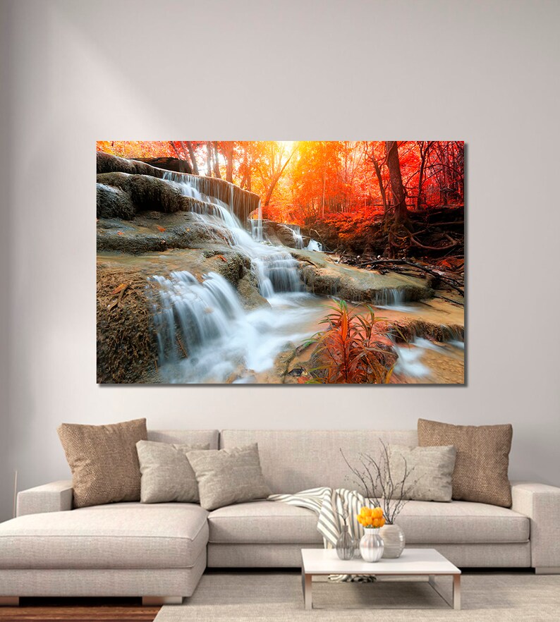 Waterfall wall art Waterfall canvas print Autumn canvas art Etsy