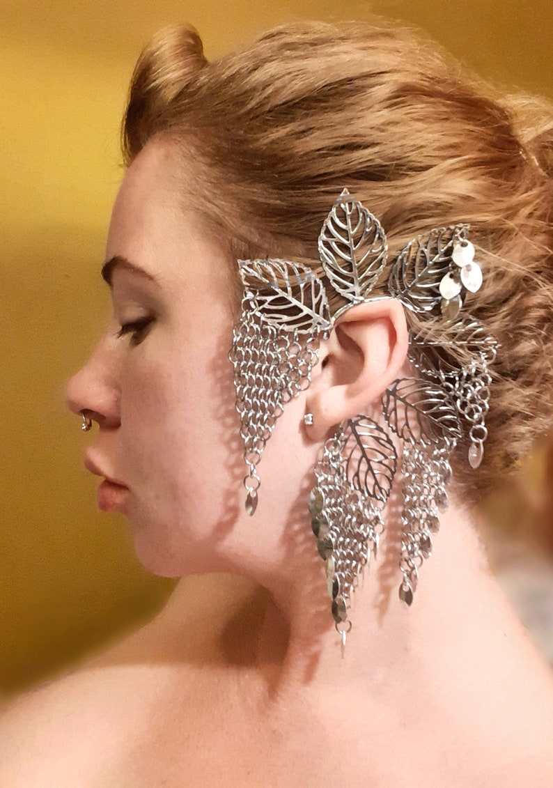 Leaves and Scalemail with Chainsmail Silver Plate Ear Cuff