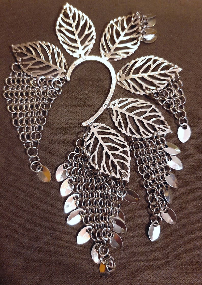 Leaves and Scalemail with Chainsmail Silver Plate Ear Cuff