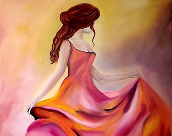 Flamingo Dancer, Beautiful woman with red hair. Oil painted dancing lady in colorful dress.