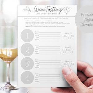 Cartões de pontuação para degustação de vinhos imprimíveis para festa de degustação de vinhos | Mapa de vôo | Jantar | Despedida de Solteira |Notas de Prova | A4 | Download instantâneo