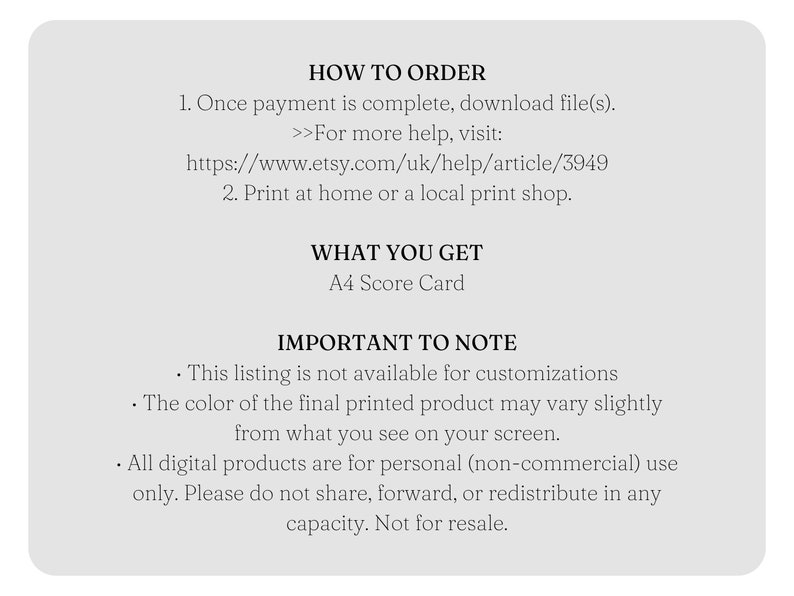 May include: Printable A4 score card. This listing is not available for customizations. The color of the final printed product may vary slightly from what you see on your screen. All digital products are for personal (non-commercial) use only. Please do not share, forward, or redistribute in any capacity. Not for resale.