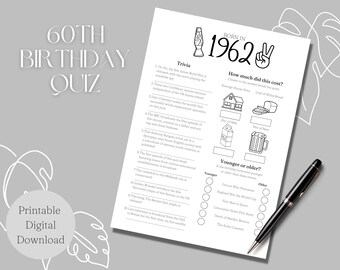 Född 1962 utskrivbart födelsedagsquiz | Quizlek | 60-årsdag | Digital nedladdning utskrivbar | Direkt nedladdning