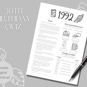 Born in 1992 Printable Birthday Quiz | Trivia Party Game | 30th Birthday | Digital Download Printable | Instant Download