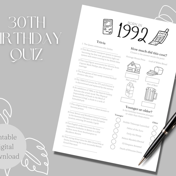 Born in 1992 Printable Birthday Quiz | Trivia Party Game | 30th Birthday | Digital Download Printable | Instant Download