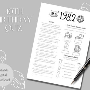 Born in 1982 Printable Birthday Quiz | Trivia Party Game | 40th Birthday | Digital Download Printable | Instant Download