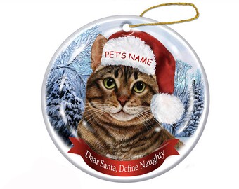 Brown Tabby Cat - Santa Hat Christmas Ornament
